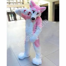 Pink White Long Fur Furry Husky Dog Mascot Costume Adult Size Cartoon Anime theme character Carnival Unisex Dress Christmas Fancy Performance Party Dress