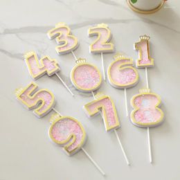 Party Supplies 0-9 Creative Cake Decoration Giltter Crown Number Happy Birthday Toppers Transparent Pink Blue Cupcake Topper Decor