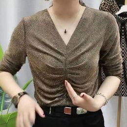 Women's Blouses Fashion V-Neck Spliced Folds Bright Silk Clothing 2023 Autumn Winter Loose Elegant Tops Office Lady Shirts