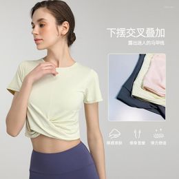 Active Shirts Naked Quick Drying Sports Short Sleeve T-shirt Cross Waist Breathable Yoga Clothes Sexy Crop Fashion Fitness Women