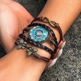 Charm Bracelets Vintage Leather Bracelet Set For Men Women Leaf Feather Stone Beads Wrap Pulseras