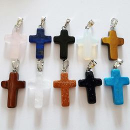 Pendant Necklaces Rose Quartz Crystal Tigereye Lapis Opal Black Agate Turquoise Sandstone Stone Bead Cross Fashion Jewelry For Woman Gift