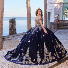 New Navy Blue Quinceanera Dresses Ball Gowns Appliques Velvet Birthday Party Evening Dress Vestido De 15 Anos