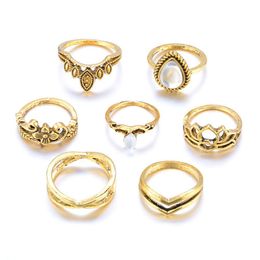 Band Rings 7Pcs Set Vintage Hollow Carved Flower Rhinestone Ring For Women Men Party Accessories Finger Rings Gold Sier Colour Jewellery Dhspw