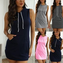 Casual Dresses Ladies Dress Superior Quality Summer Hooded Sleeveless Drawstring Pockets Mini Vestidos Drop SMR4073