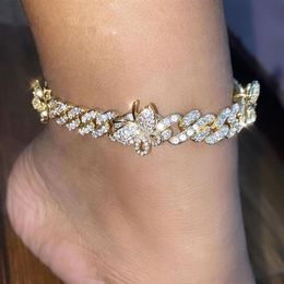 Iced Out Butterfly Anklet Bracelet Crystal Rhinestone Hip Hop Cuban Chain Anklets for Women Boho Beach Foot Jewellery Vintage Person2643