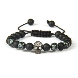 Whole 10pcs lot 8mm Quality Matte Agate And Obsidian Stone With Clear Cz Black Skull Macrame Bracelet For Men2701