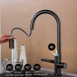 Kitchen Faucets Digital Display Waterfall Temperature Sensor Faucet Pull Out Stream Sprayer Cold Water Sink Mixer Tap For