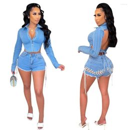 Women's Tracksuits Sexy Backless 2 Piece Denim Short Sets Women Long Sleeve Single Breated Turn Down Collar Crop Top Bandage Jean Shorts