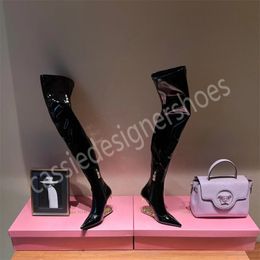 Autumn Stretch Boots Designer Ladies Pointed Toe Zipper Mid-Calf Boots Retro Women Shoes Fashion Brand Female Sexy Party Dress High Heels Genuine Leather Pumps