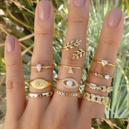 Band Rings 2022 Vintage Fashion Ring Set For Women Girls Gold Metal Punk Geometric Hollow Leaves Finger Rings Party Jewellery Anillos Je Dhwgn