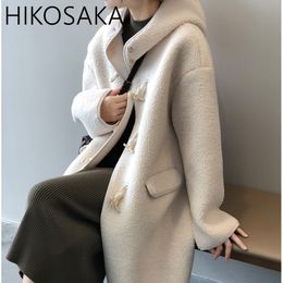 Women's Wool Blends 2023 Winter Horn Button Midlength Coat Single Breasted Casual Imitation Lamb Jacket Solid Long Sleeve Warm Outwear Female 230926