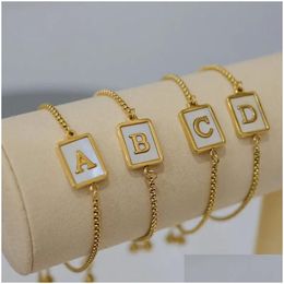 Chain Titanium Steel Nature Shell A-Z Letter Chain Bracelet Adjustable Square 18K Gold Bracelets For Women Wholesale Jewellery Bracelets Dhu7N
