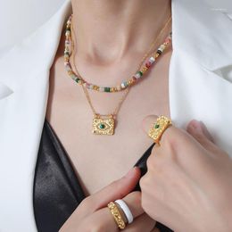 Choker Minar Bohemian Candy Colour Natural Stone Jade Strand Beaded Necklace For Women Female 18K Gold PVD Plated Stainless Steel