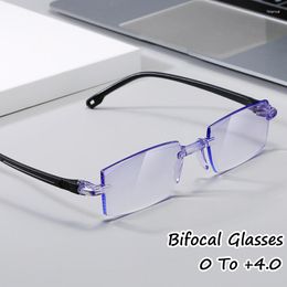 Sunglasses Fashion Bifocal Reading Glasses Men Blue Light Blocking Presbyopic Eyewear Ultralight Diamond-cut Rimless Far Sight Eyeglasses