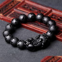 Bangle Natural Black Obsidian Matte Pixiu Beaded Charm Bracelet Brave Troops Sixword Mantra Wealth Pi Yao Diy Men Women Jewellery Drop D Dhzgv