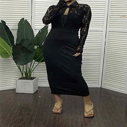 Casual Dresses Dinner Women's Spring And Autumn Recommended Long Sleeve Lapel Fashion Temperament Slim Lace Stitching Dress