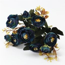 1 Bouquet 9 head Artificial Silk cloth Fake Flowers Leaf Peony Floral Home Wedding Party home Decor Blue rose small bouquet1287J