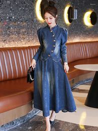 Work Dresses LANMREM Fashion Denim 2 Pieces Set Women Single Breasted Long Sleeves Short Coat High Waist A-line Skirt 2023 Autumn 22096