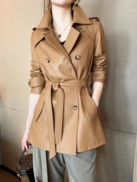 Women's Leather Faux Leather Mid-length Sheepskin Trench Coat for Women Trend High-end Slim Double Breasted Belted Genuine Leather Jacket 230927