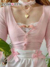 Women's T-Shirt IAMTY Coquette Aesthetic Lace Patchwork Top Pink Long Sleeve Cotton Tee Women Bow Kawaii T-shirt Button-up Casual Sweet Shirt 230927