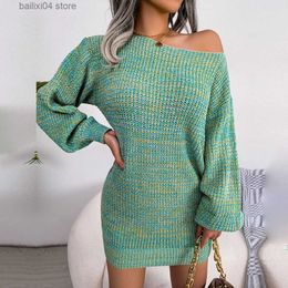 Basic Casual Dresses Ficusrong Women Autumn Winter Casual One Line Neck Off The Shoulder Colourful Lantern Sleeve Knitted Sweater Dress T230928