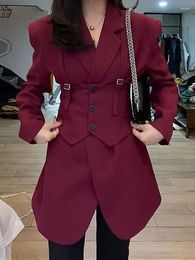 Women's Suits UNXX Dress Jacket Women Balzer Burgundy Vest Blazer 2pc Set European Retro Suit Autumn Casual Waist Belt Lace-up Two Pieces