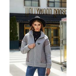 European and American women's clothing autumn and winter new fashion brand inverted triangle long sleeved cardigan zipper plush patchwork women's coat