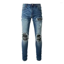 Men's Jeans Men Leather Patch Stretch Denim Streetwear Skinny Tapered Pants Pleated Patchwork Holes Ripped Distressed Trousers