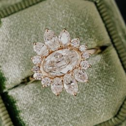 East West VVS-D Engagement Ring Set with Bezel Accent, Moissanite unique diamond rings, 14K Yellow Gold Oval and Round Cluster for Wedding