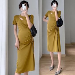 Maternity Dresses Maternity Summer Dress Clothes For Pregnant Women 2023 Fashion Draw String Design Split Solid Slim Elegant Pregnancy Dresses 230927