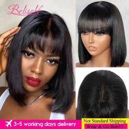 Synthetic Wigs Fake Natural Scalp Short Bob Wig with Bangs Bone Straight 180 Wear and Go Glueless Human Hair for Black Women 230927