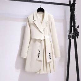 Womens Wool Blends Blazer Women Spring Fashion Clothing Suit Skirt Jacket Belt Waist Slim Long Coat Black Blazers 230927