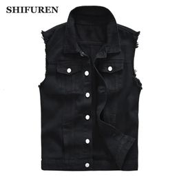 Men's Vests SHIFUREN Men Cotton Ripped Jeans Sleeveless Jacket Black Denim Vest Singlebreasted Male Hip Hop Washed Cowboy Waistcoat 230927