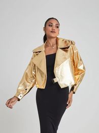 Women's Leather Faux Leather RR2767 Gold Oversized Fake Leather Jacket Loose Autumn Winter Coat PU Leather Streetwear Motorcycle Jacket 230927