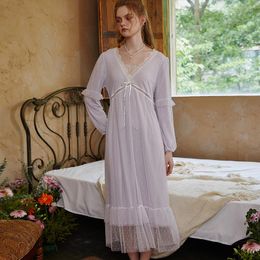 Women's Sleepwear Spring Autumn Bowknot Lace Gauze Splicing Cotton Lining Nightgowns Sleepshirts Pyjama
