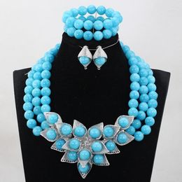 Necklace Earrings Set Fashion Blue Coral Beads Nigerian African Wedding Bridal/Women CJ865