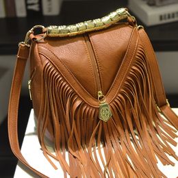 Retro fashion Music Festival Water Bucket Large Tassel Bag Handbag One Shoulder Crossbody Women's Bag