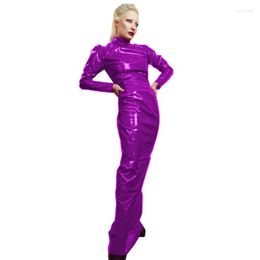 Casual Dresses Gothic Wetlook PVC Leather Tight Maxi Dress Faux Latex Turtleneck Long Sleeve Slim Bodycon Clubwear Fetish