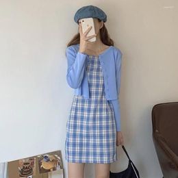 Work Dresses 2023 Summer Matching Sets Sweet Slim Plaid Slip Solid Cardigan Prairie Chic A-line Two-piece Dress