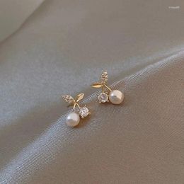 Stud Earrings Korean Fashion Little Cherry Pearl Pendant Elegant Temperament Women Drop Auricular Girl Needling Ear Jewelry