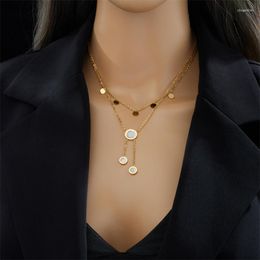 Choker Stainless Steel Double Layer Roman Round Label Shell Tassel Elegant Temperament Fashion Jewellery Necklace