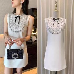 Casual Dresses Luxury Summer White Sleeveless Tank Mini Dress High Quality Women O Neck Sequin Beaded Diamonds Bow Lace Up Short Party