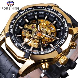Forsining Waterproof Golden Black Skeleton Clock Two Button Decoration Mechanical Wrist Watches for Men Black Genuine Leather257z