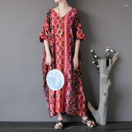 Party Dresses Women Casual Summer Vintage Cotton Loose Half Sleeve Dress Ladies Robe Printed Floral V Neck Retro Female