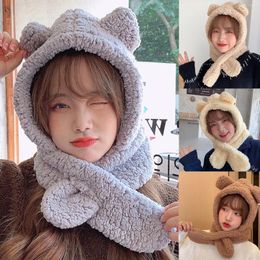 Hats Scarves Gloves Sets 2 In 1 Women Winter Warm Soft Thickening Hood Scarf Female Fashion Cute Cartoon Thick Protectors Plush Srarves #4
