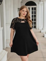 Plus Size Dresses Black A Line O Neck Short Sleeve Lace Hollow Out High Waist Mini Casual Office Work Evening Event Party Gowns