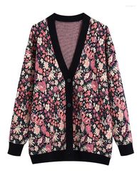 Women's Knits Jacquard Weave V-neck Cardigan Women Contrasting Colours Knitted Loose Single Breasted Sweater Female Autumn Winter Colourful