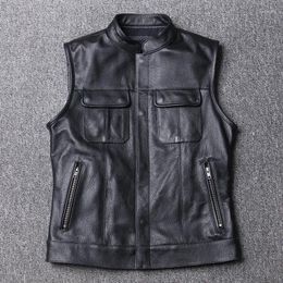 Men's Vests Men's Genuine Leather Vest Fashion Real Cowhide Black Male Waistcoat Sleeveless Jacket Coat Vintage Classic Pockets Outwear