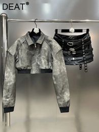 Two Piece Dress DEAT Fashion PU Leather Long Sleeve Lapel Zipper Coat For Women Multi Belt Design Wrapped Hip Skirt Autumn 11XX5285 230927